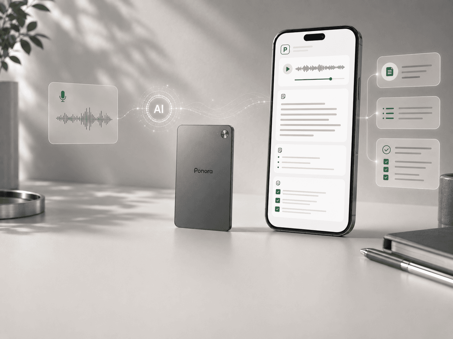Ponora App zeigt einen KI-Transkriptionsworkflow